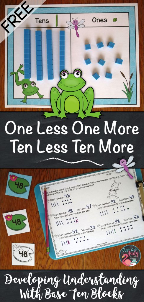 Try this free frog themed first and second-grade math resource designed to help develop conceptual understanding of one less/ more and ten less/ more for numbers 0-120 using base ten blocks. #1More1Less #10More10Less #MathActivity #frogs