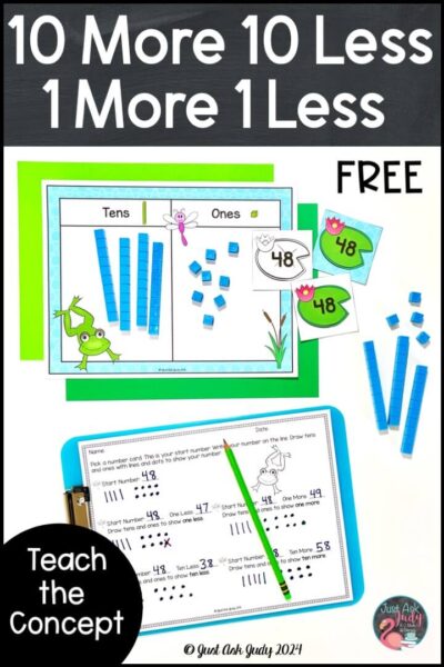 Need a resource to help you teach the concepts of 10 more 10 less and 1 more 1 less? You’ll love having this free hands-on activity as you introduce the concept to your first and second-graders.