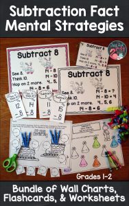Try this money saving bundle of three math resources; anchor wall charts, flashcards, and worksheets. It is perfect for supporting explicit strategy instruction for the basic subtraction facts to 20 in 1st and 2nd grades. #SubtractionFacts #FirstGradeMath #SecondGradeMath #ExplicitInstruction #VisualCues