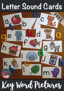 Check out this free set of letter/ sound picture cards, perfect for introductory lessons in preschool or kindergarten. Each card has a lowercase letter and a key picture representing the sound the letter stands for. The pictures represent single initial consonant sounds, initial short vowel sounds, and final x with the /ks/ sound. #BeginningSounds #KindergartenPhonics