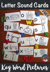 Click to see this free set of letter/ sound picture cards, ideal for introductory lessons in preschool or kindergarten. Each card has a lowercase letter and a key picture representing the sound the letter stands for. The pictures represent single initial consonant sounds, initial short vowel sounds, and final x with the /ks/ sound. #Multi-SensoryTeaching #PreschoolLetters