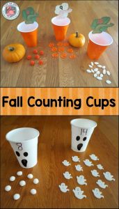 Counting Cups are a great activity to use for number recognition, counting, and cardinality in pre-k and kindergarten. The pumpkin stem and leaf number cards can be downloaded for free.