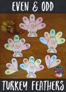 Here’s a free turkey themed resource for sorting even and odd numbers 1-10, 11-20, or 1-99. It is perfect for first and second grade math. #EvenOddNumbers #Thanksgiving #1stGradeMath