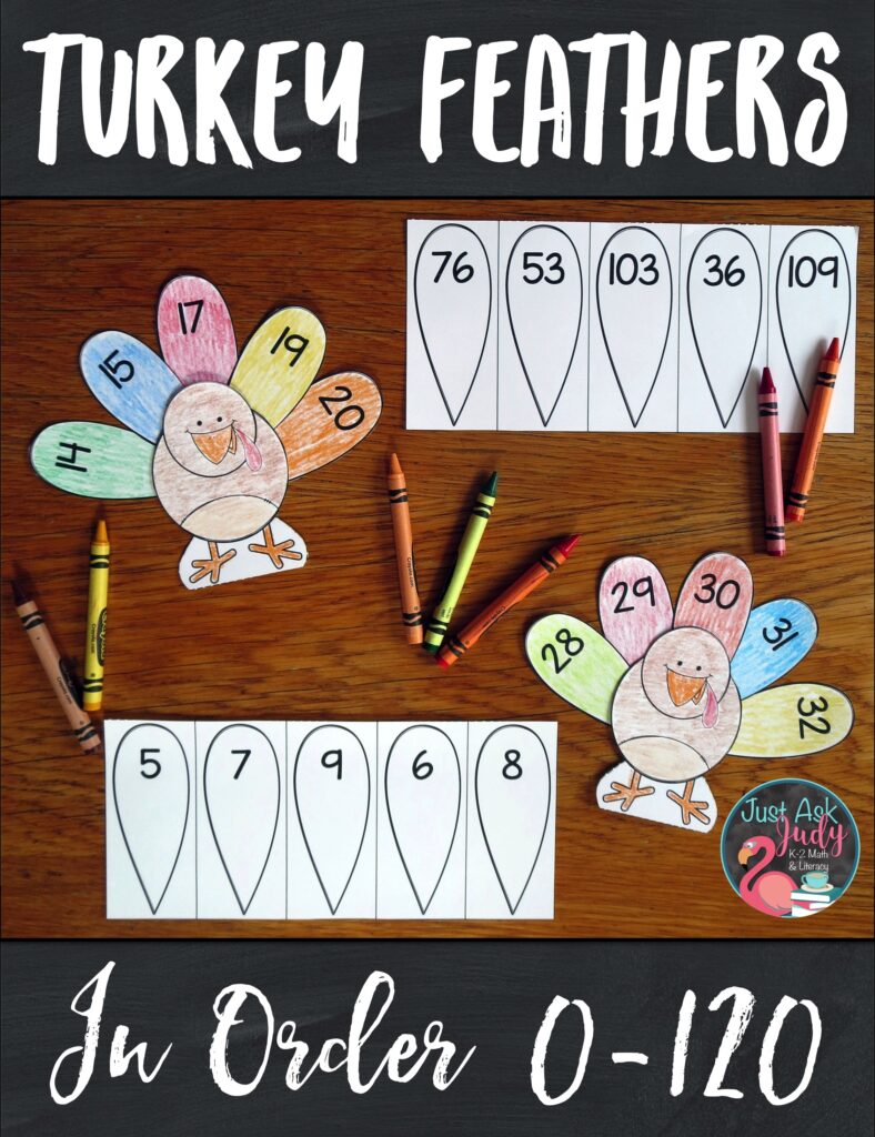 Have a little fun with this easy to prepare turkey themed color, cut, and glue activity! Find a variety of ready to use number sequences appropriate for your kindergarten, first, and second-grade math students. #Turkeys #OrderingNumbers #MathCenters