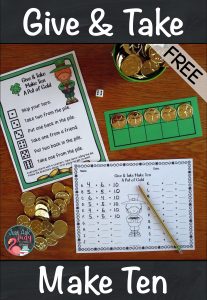 Try this free math game for learning, practicing, and reviewing the Make Ten addition facts in kindergarten, first, and second grades. This hands-on St. Patrick’s Day themed game uses counters and ten frames to provide concrete and visual support. #AdditionFactStrategies #1stGradeMath