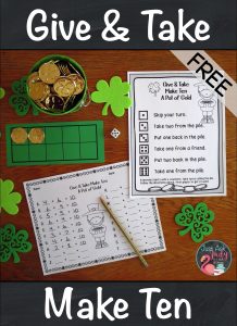 Check out this free math game for learning, practicing, and reviewing the Make Ten addition facts in kindergarten, first, and second grades. This hands-on St. Patrick’s Day themed game uses counters and ten frames to provide concrete and visual support. #StPatrick’sDay #1stGradeMath