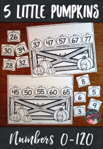 Check out flexible pumpkin-themed resource for ordering numbers 0-120. Use it to provide individualized practice for your kindergarten, first, and second-grade math students. #Autumn #MathStations #SequencingNumbers