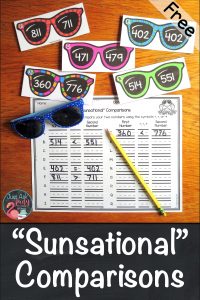 Check out this free versatile sunglasses themed resource for comparing three-digit numbers, perfect for 2nd and 3rd grade math. #comparingnumbers #secondgrademath #3digitnumbers