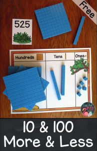 Check out this free animal camouflage themed math activity for introducing or practicing ten less or more and one hundred less or more than a three-digit number, 100-900. It is perfect for 2nd or 3rd grade intervention or resource groups as well as an independent math center. #secondgrademath #thirdgrademath #100lessandmore #animalcamouflage