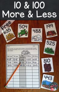 Read about this free animal camouflage themed math activity for introducing or practicing ten less or more and one hundred less or more than a three-digit number, 100-900. It is ideal for second or third grade intervention or resource groups as well as an independent math center. #secondgrademath #thirdgrademath #100lessandmore #animalcamouflage