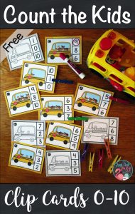 Get ready for school with these count the kids on the bus clip cards for numbers 0-10, perfect for kindergarten math centers. #bus #BackToSchool #kindergarten #MathCenters