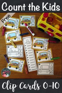Head back to school with these count the kids on the bus clip cards for the numbers 0-10, ideal for kindergarten math centers. #BTS #KindergartenMath #MathCenters