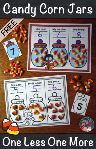 Try this free kindergarten math resource with a candy corn theme that can be used to teach, practice, or review the concept of one less and one more than a given quantity or number. This versatile activity can be used in guided math, intervention, or resource groups or as an independent math center. #OneMoreOneLess #MathIntervention