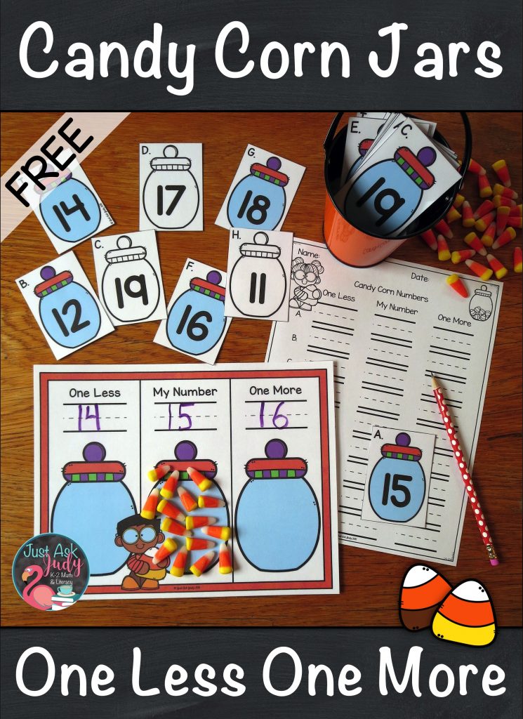 Engage your kindergarten students by using this free math resource with a candy corn theme that can be used to teach, practice, or review the concept of one less and one more than a given quantity or number. This versatile activity can be used in guided math, intervention, or resource groups or as an independent math center. #KindergartenMath #1Less1More