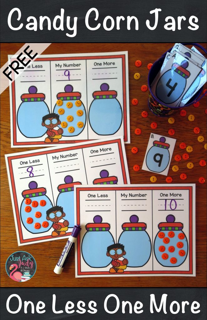 Enjoy this free versatile kindergarten math resource with a candy corn theme that can be used to teach, practice, or review the concept of one less and one more than a given quantity or number. This activity can be used in guided math, intervention, or resource groups or as an independent math center. #CandyCorn #MathCenter
