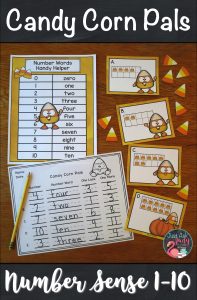 Engage your preschool and kindergarten students with this candy corn themed roam the room small group number sense resource incorporating dice patterns or ten frames with counting, writing numerals, writing number words, one less, one more, and representing a given quantity by drawing, with tally marks, and on ten frames. This easy to prepare activity gives your students the opportunity to move around the room. #NumberSense #FallMathActivities