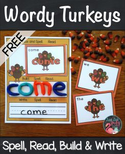 Use this set of 16 pre-primer wordy turkey cards and mat with your kindergarten and first-grade students to practice spelling and reading these important beginning reader high-frequency words. #turkeys #SightWords #KindergartenReading