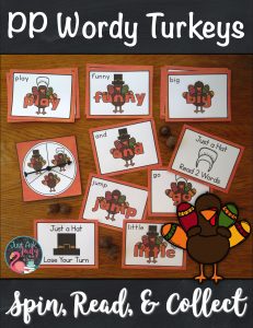 Try this engaging turkey-themed reading game for reinforcing the recognition of 40 high frequency pre-primer level words with your kindergarten and first grade students. Sort your word cards by kind of hat (or no hat) into 3 stacks. Take turns to spin, read, and collect! #turkeys #SightWords #KindergartenReading