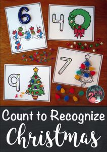 Check out these easy to prepare Christmas themed full-page number mats, 0-10, for preschool and kindergarten math. They are designed to develop skills in counting, numeral recognition, and numeral formation. These are, intentionally, very basic mats. The 3 sets of mats have a numeral along with a corresponding number of items to count; stockings, ornaments on a wreath, and lights on a Christmas tree. #Pre-KMath #KindergartenMath #Numbers0-10