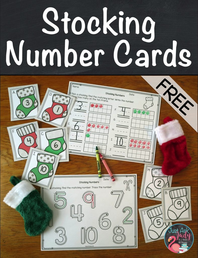 Click to see two sets of free Christmas stocking numeral cards, 1-10 and 11-20, perfect for preschool or kindergarten, which reinforce numeral recognition, number sense, and numeral formation. #ChristmasMath #NumberRecognition #PreschoolMath