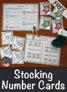 Find a perfect holiday math activity for your preschoolers or kindergarteners. Use these free Christmas stocking numeral cards with one of the recording sheets; fill in the ten frames 1-10 or 11-20, draw tally marks, or trace the numerals 1-10. #ChristmasMathActivity #KindergartenMath #TenFrames