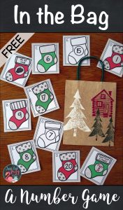 Play an In the Bag or In the Stocking game with these free Christmas stocking numeral cards, 1-10 and 11-20. Engage your preschool and kindergarten students during this oh, so hectic time of year! #MathGame #ChristmasMath #Numeral Recognition
