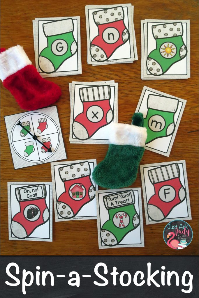 Here’s a Christmas stocking themed game to practice or review letter recognition and/or the association of initial consonant and short vowel sounds with letters. It’s a perfect literacy activity for preschool or kindergarten.  #PreschoolInDecember #KindergartenLiteracy #ChristmasLetterActivity