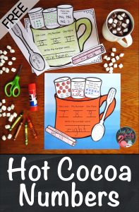 Warm up with this free open-ended hot cocoa number math activity! It may be used with numbers 1-10 or 11-20. It is ideal for reinforcing number sense skills in kindergarten. #HotCocoa #WinterMath #KindergartenCenters