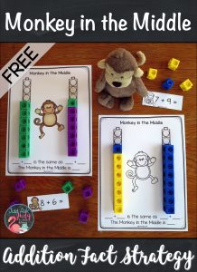 Check out this free sample from my Monkey in the Middle Addition Fact Strategy resource. It is designed to help you introduce this strategy in first and second grade. #AdditionFacts #1stGradeMath