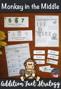 Check out this pack of materials designed to help you introduce and teach the monkey in the middle addition fact strategy. It is the perfect way to help your first and second grade math students understand this strategy. #SecondGradeMath #AdditionFacts