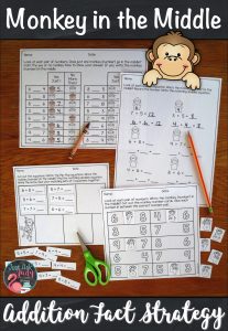 Try this set of resources designed to help you introduce and teach the monkey in the middle addition fact strategy. It is the perfect pack of materials to help your first and second grade math students understand this strategy. #2ndGradeMath #AdditionFacts
