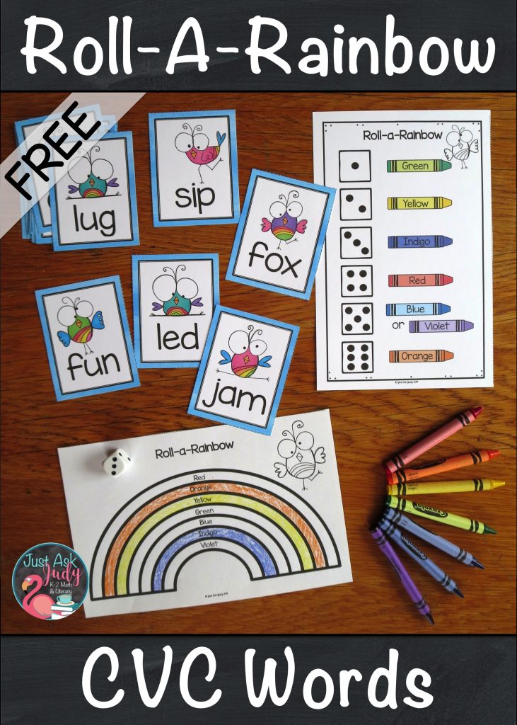 Click to see an engaging rainbow themed activity to give your kindergarten and first-grade students practice reading CVC (3 letter short vowel closed syllable) words. There are 45 word cards, 9 for each vowel, in both color and black/ gray/ white. Just read a word, roll a die, and build or color part of a rainbow. #CVCWords #Rainbows