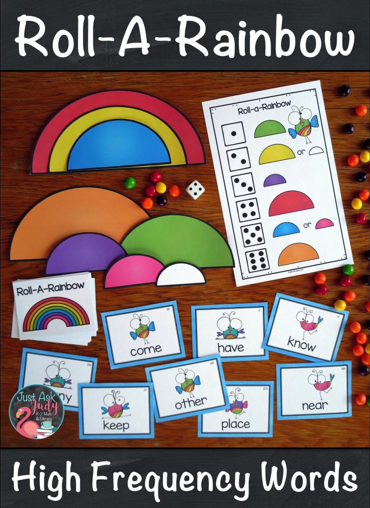 Meet individual student needs with this engaging rainbow themed activity that gives your kindergarten, 1st, and 2nd graders practice reading high frequency words. All 220 pre-primer, primer, first, second, and third grade words from a popular list along with the remaining words from the 300 most commonly used words list are included. Read a word, roll a die, and build or color part of a rainbow. #Rainbows #FirstGradeLiteracy