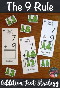 Check out this hands-on activity to help your first and second-grade students apply The 9 Rule (adding 9) addition fact strategy. The activities are based on changing the addend 9 to 10, adding with 10, and then subtracting (or hopping back) 1 from the sum. #AdditionFacts #1stGradeMath #2ndGradeMath