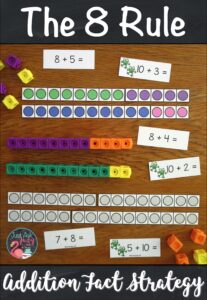 Need some help with teaching your students how to add 8 to a single-digit number? Click to see this set of resources to introduce and teach The 8 Rule (adding 8) addition fact strategy. It is a perfect pack of materials to help your 1st and 2nd grade math students understand the concept underlying this strategy. #AdditionFacts #FirstGradeMath #SecondGradeMath