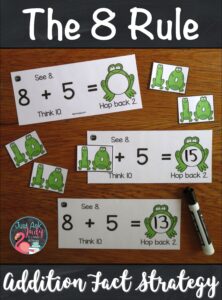 Here’s a set of resources to help you teach your first and second-grade math students to apply The 8 Rule (adding 8) addition fact strategy. The activities are based on changing the addend 8 to 10, adding with 10, and then subtracting (or hopping back) 2 from the sum. #AdditionFacts #1stGradeMath #2ndGradeMath