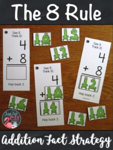 Are you ready to start teaching your students how to add 8 to a single-digit number? Here’s a set of resources to help your 1st and 2nd grade math students apply The 8 Rule (adding 8) addition fact strategy. The activities are based on changing the addend 8 to 10, adding with 10, and then subtracting (or hopping back) 2 from the sum. #FactFluency #FirstGradeMath #SecondGradeMath