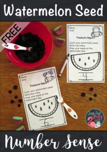 Try this free scoop and count watermelon seed math activity with your preschool and kindergarten students! #WatermelonDay #PreSchoolMath #KindergartenMath