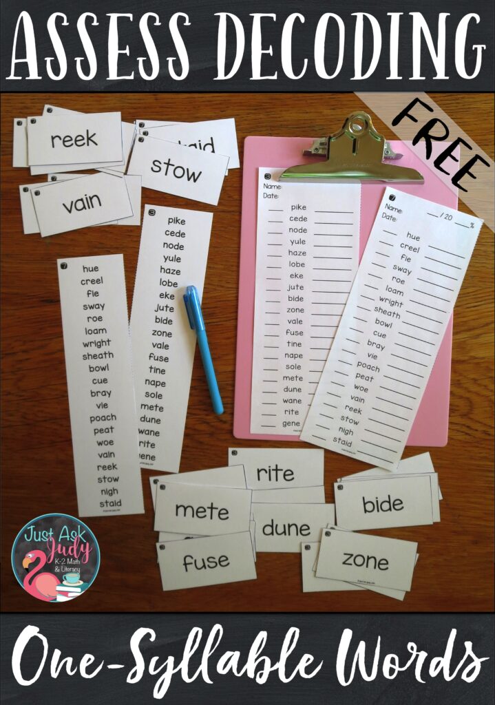 Here’s a free decoding assessment for one-syllable words! Use it to help determine an instructional starting point for your kindergarten, first, and second-grade students. #FirstGradeReading #Decoding