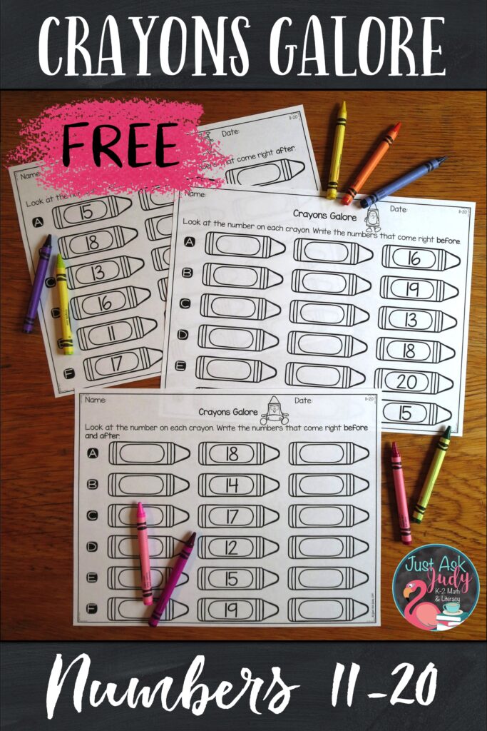 Click to download these free crayon-themed worksheets for practicing and reviewing the sequencing of numbers 11-20. #NumbersBeforeAfter #KindergartenMath