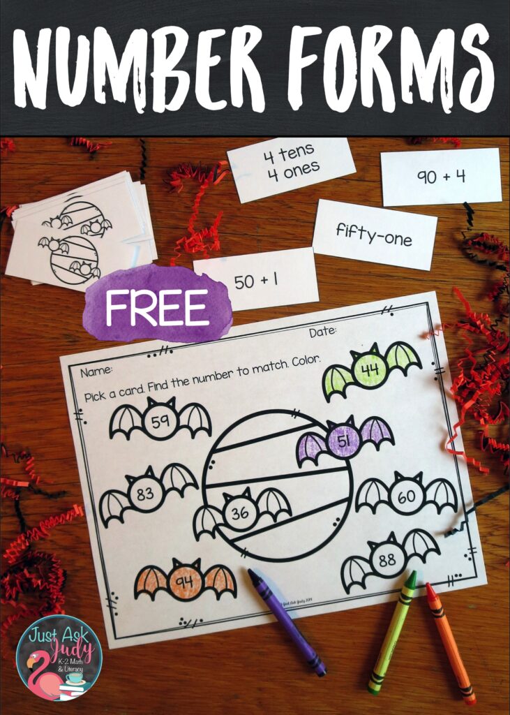 Try this free bat-themed number forms and place value activity with your 1st and 2nd grade students. Use it to provide practice with the standard, word, expanded, and place value forms of two-digit numbers. #MathCenters #NumberForms #SecondGrade