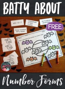 Use this free bat-themed number forms and place value activity in 2nd and early 3rd grade to provide practice with the standard, word, expanded, and place value forms of three-digit numbers. #SecondGrade #Bats #MathStations