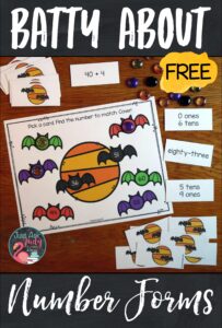 Here’s a free bat-themed number forms and place value activity for your first and second-grade students. Use it to provide practice with the standard, word, expanded, and place value forms of two-digit numbers. #1stGradeMath #Bats #NumberForms