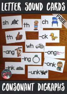 Check out this free set of letter/ sound picture cards, perfect for introductory lessons in kindergarten or first grade. Each card has a consonant digraph (sh, ch, th, wh, and –ck) or a rime (-ang, -ing, -ong, -ung, -ank, -ink, -onk, and –unk) and a key picture representing the sound(s) the letters stand for. #ConsonantDigraphs #OrtonGillingham