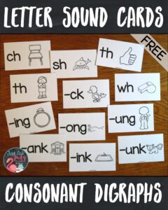 Here’s a free set of letter/ sound picture cards, ideal for introductory lessons in kindergarten or first grade. Each card has a consonant digraph (sh, ch, th, wh, and –ck) or a rime (-ang, -ing, -ong, -ung, -ank, -ink, -onk, and –unk) and a key picture representing the sound(s) the letters stand for. #Digraphs #Phonics