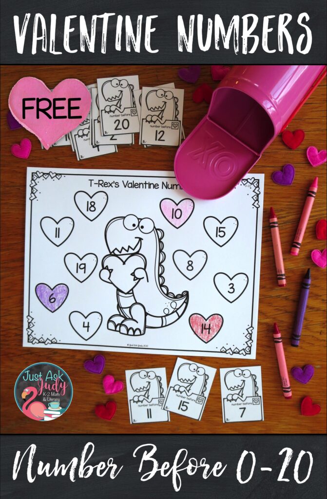 Try this free Valentine’s Day themed number activity with your kindergarten, 1st, and 2nd grade math students. Use it to provide practice with determining the number right before and the number right after a given number 0-20 or 21-120. #Valentine’sDay #T-Rex #NumberAfter