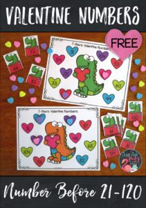 Have a little seasonal fun with this free Valentine’s Day themed number activity, for kindergarten, first, and second-grade math. Use it to provide practice with determining the number right before and the number right after a given number 0-20 or 21-120. #Valentine’sDay #dinosaurs #MathCenters
