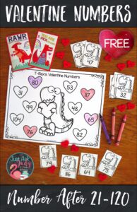 Check out this free Valentine’s Day themed number activity, perfect for your kindergarten, 1st, and 2nd grade math students. Give them practice determining the number right before and the number right after a given number 0-20 or 21-120. #Valentine’sDay #T-Rex #FirstGradeMath