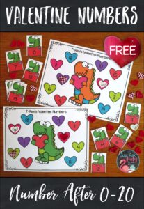 Click to download this free dinosaur themed number activity for your kindergarten, first, and second-grade math students. Use it to provide practice with determining the number right before and the number right after a given number 0-20 or 21-120. #Valentine’sDay #FirstGradeMath