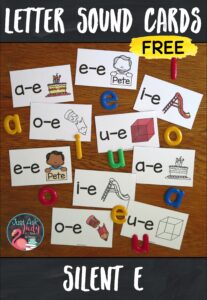 Try this free set of letter/ sound picture cards, perfect for daily practice in kindergarten, first, or second grade. Each card has a silent e pattern (a-e, e-e, i-e, o-e, u-e) and a key word picture representing the sound the vowels stand for.